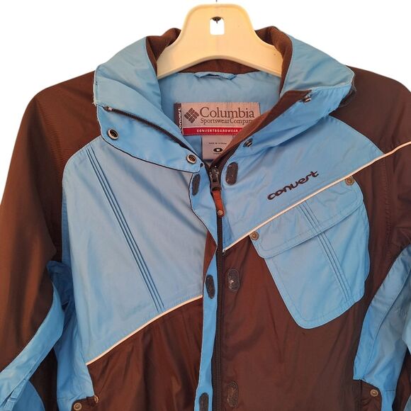 Columbia Women’s Convert Boardwear Snowboard Ski Jacket Brown Blue Snap Hood Med - Picture 4 of 16